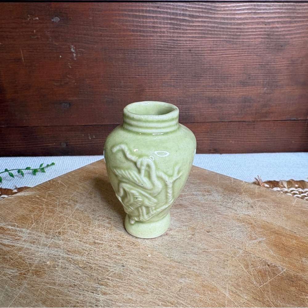 Vintage Miniature Soft Green Ceramic Vase with Raised Two Crane Birds Design